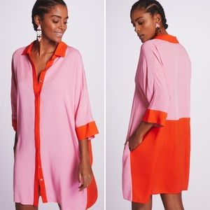 Margo Baridon Colorblock Tunic Dress Size XL Pink Red Relaxed Fit Button Down